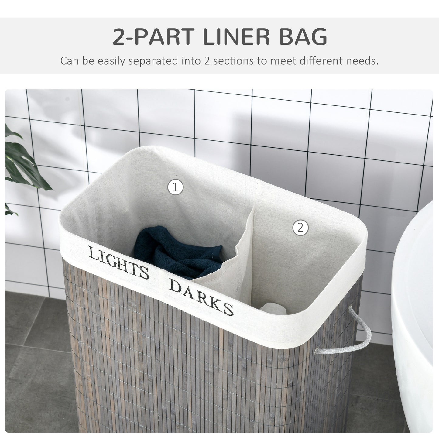 [vendor] 100L Laundry Basket With Lid String Handles, 2 Section