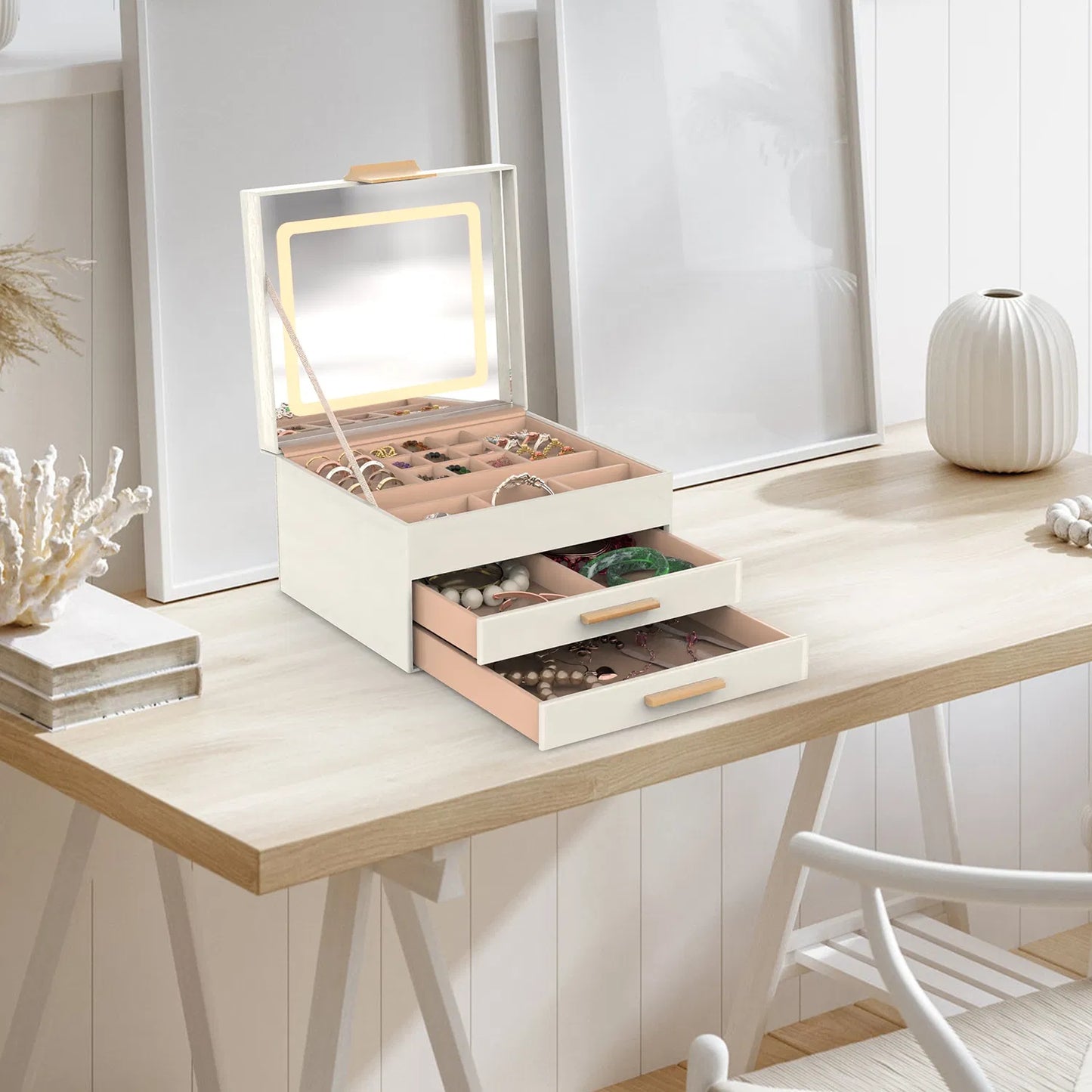 [vendor] Jewelry Box With LED Mirror 3-Layer Jewelry Organizer