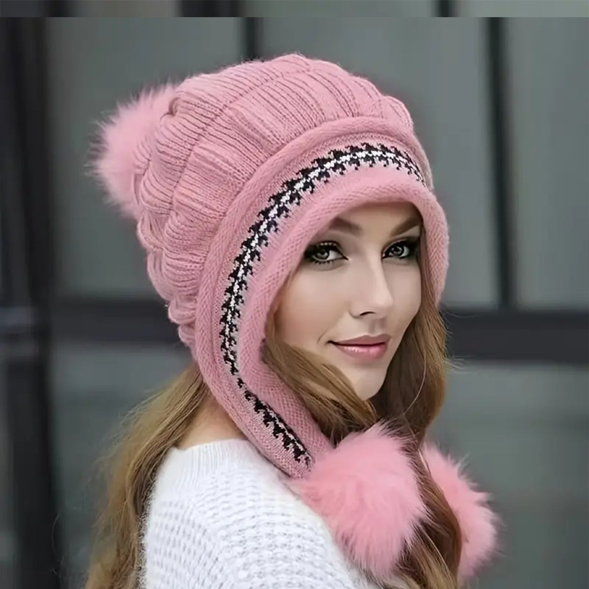 [vendor] Cozy Knit Fleece-Feel Beanie With Ear Flaps & Pompom