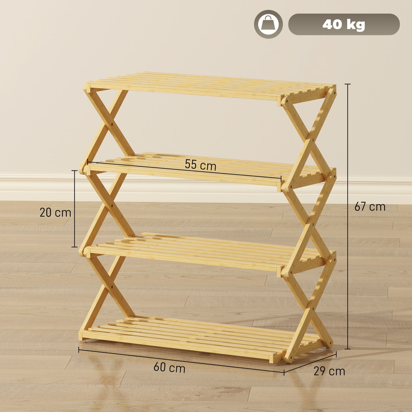 [vendor] Four-Tier Folding Bamboo Shoe Rack - Natural Finish