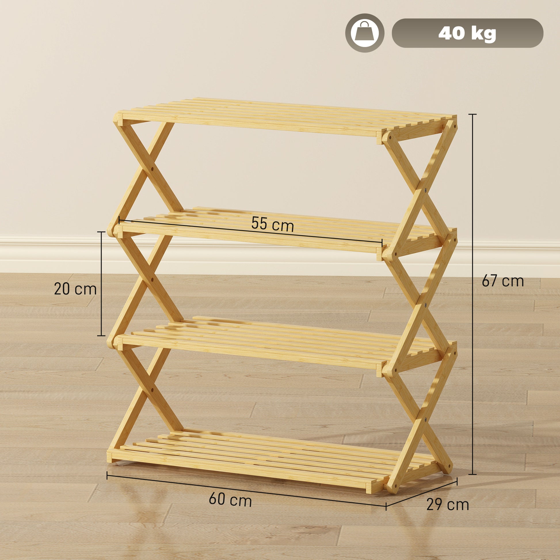 [vendor] Four-Tier Folding Bamboo Shoe Rack - Natural Finish