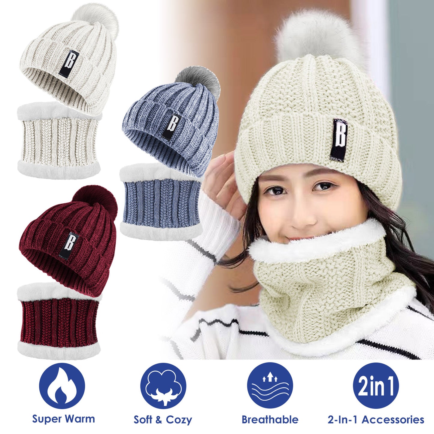 [vendor] 1Set Winter Beanie Hat Scarf Set Women Warm Knitting