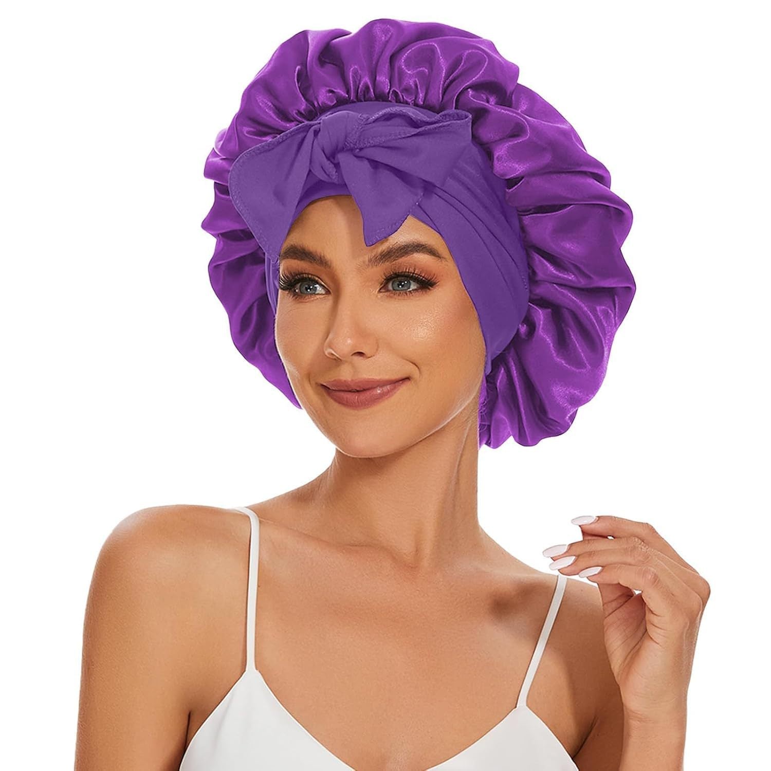 [vendor] Satin Sleep Bonnet With Bow Knot, Elastic Wide Band