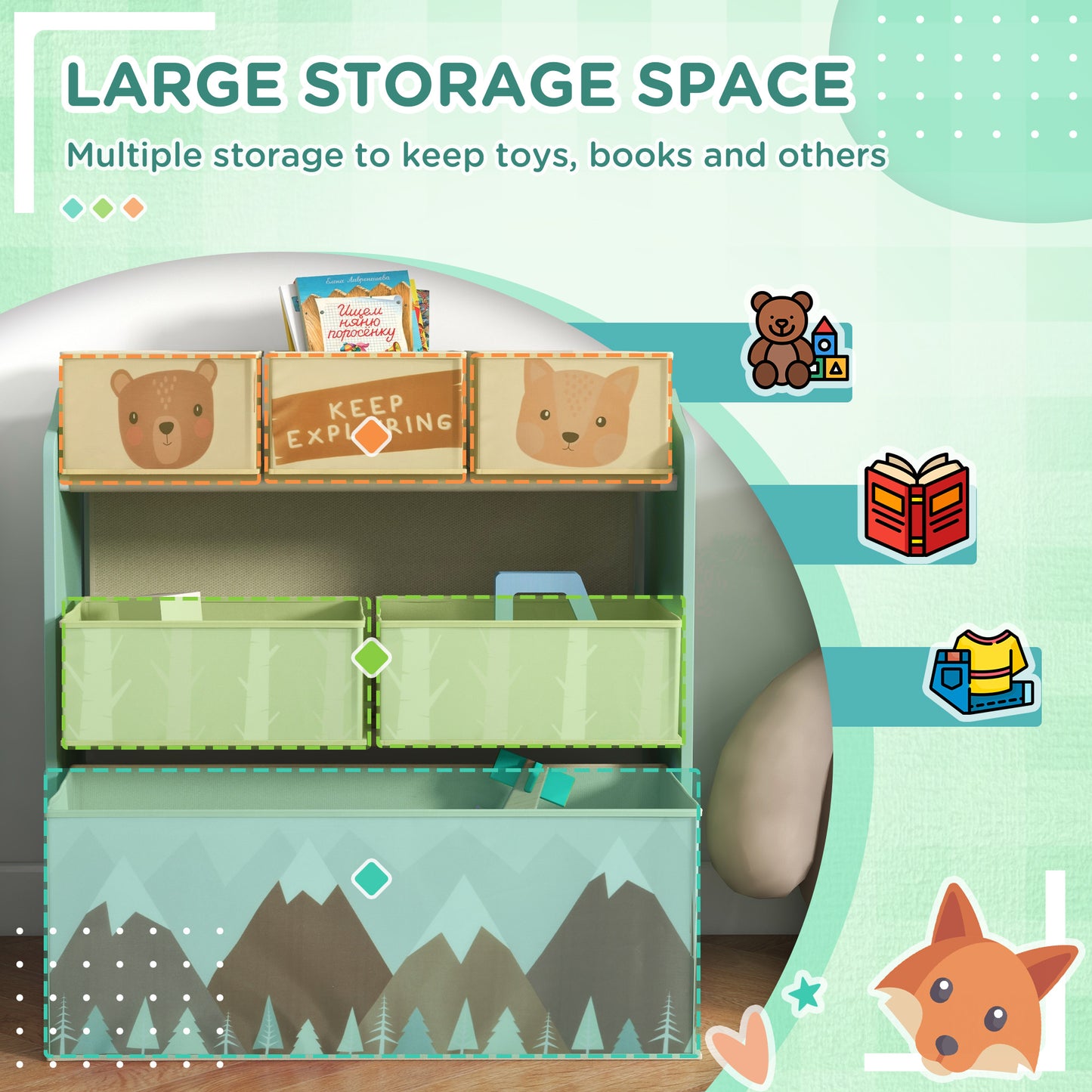 [vendor] Toy Organizer with 6 Storage Bins, 25" x 12" x 26", Green
