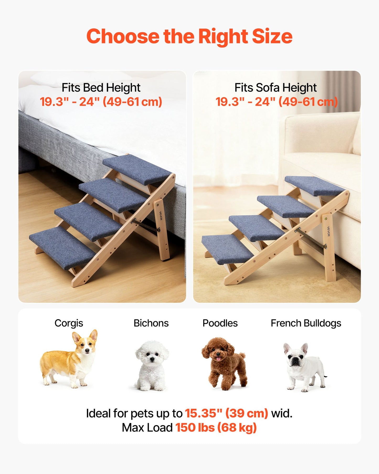 [vendor] Wood Pet Stairs, 4-Step Dog Stairs For Beds, Sofa & Cars, 150lbs