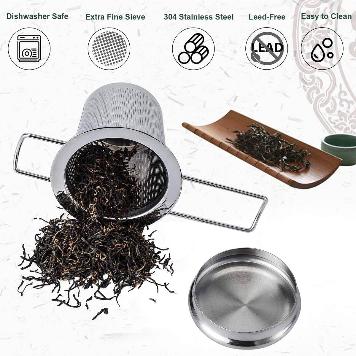 [vendor] Stainless Steel Tea Strainer With Dual-Purpose Lid &