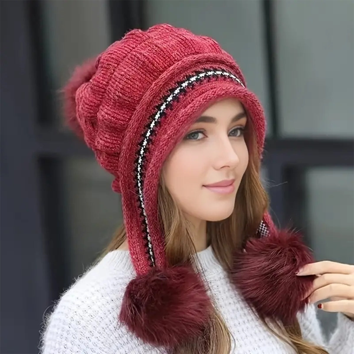 [vendor] Cozy Knit Fleece-Feel Beanie With Ear Flaps & Pompom