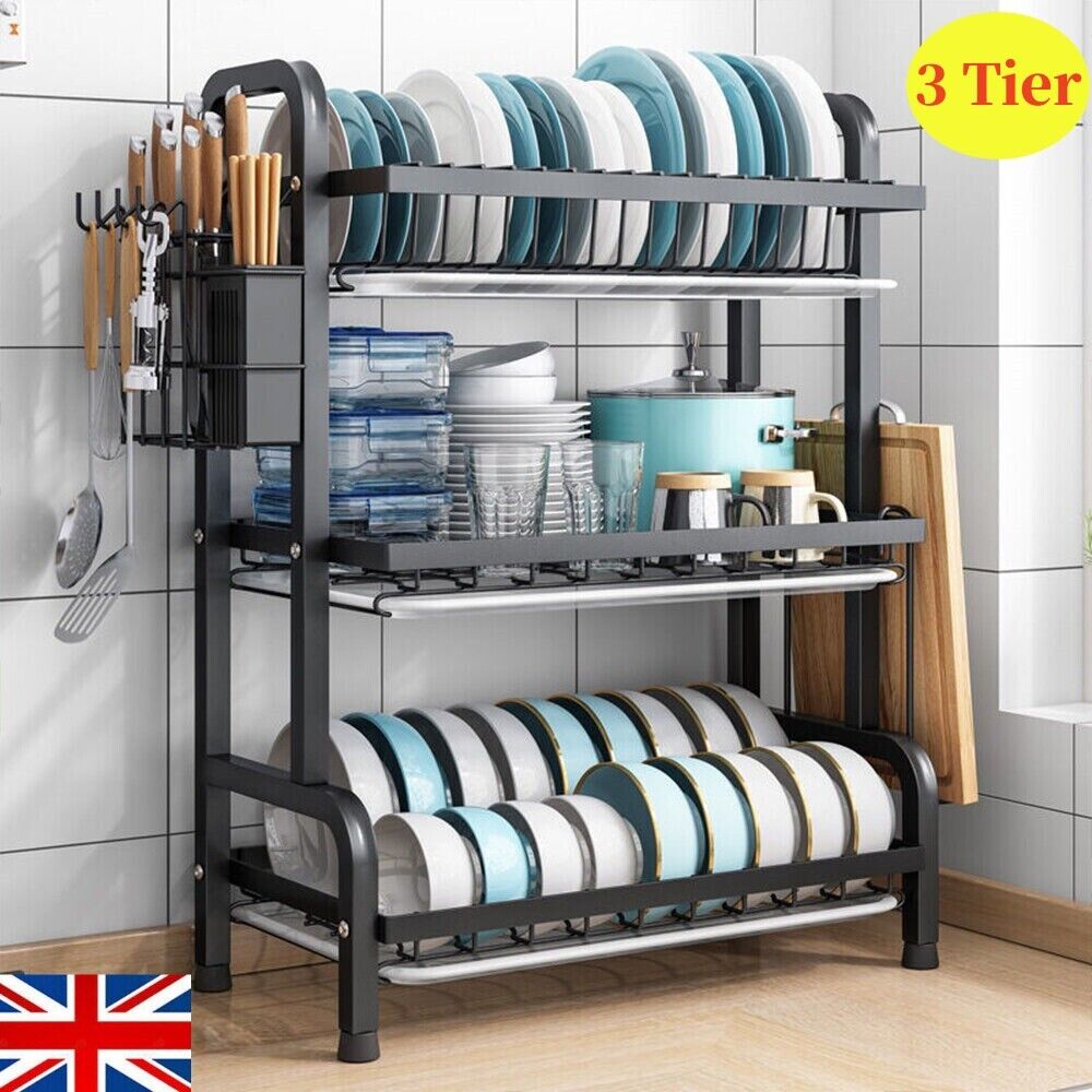 [vendor] 3 Tier Dish Drainer Rack With Drip Tray Cutlery Holder