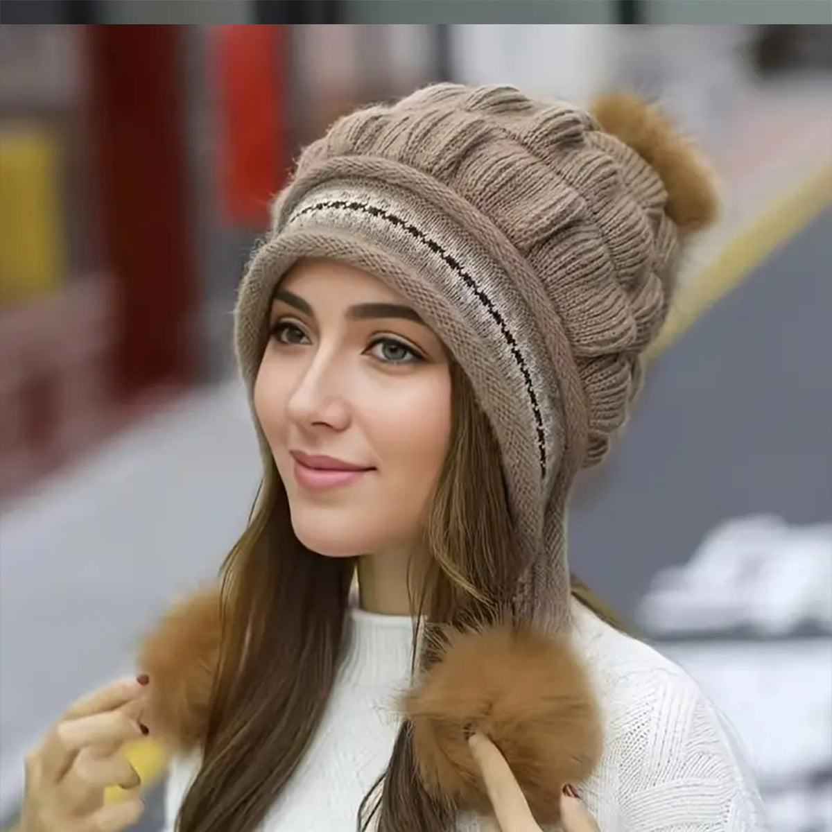 [vendor] Cozy Knit Fleece-Feel Beanie With Ear Flaps & Pompom
