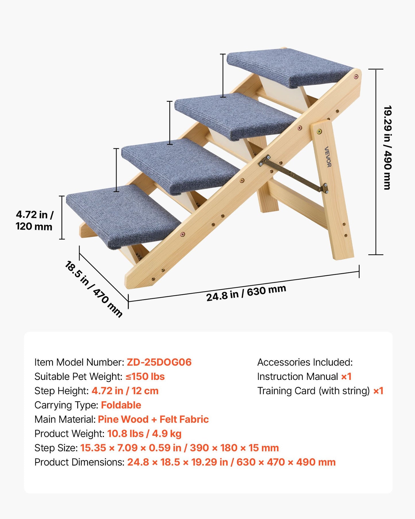 [vendor] Wood Pet Stairs, 4-Step Dog Stairs For Beds, Sofa & Cars, 150lbs