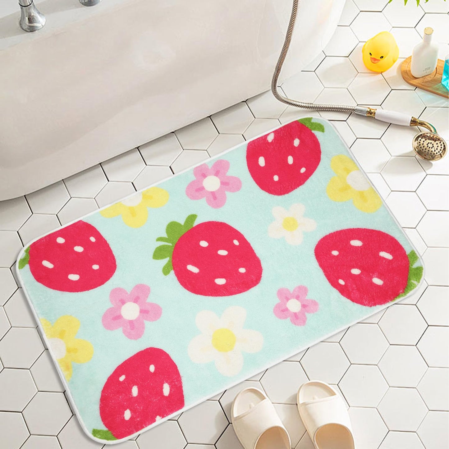 [vendor] Cute Strawberry Flower Bath Mat, Green Bathroom Rugs