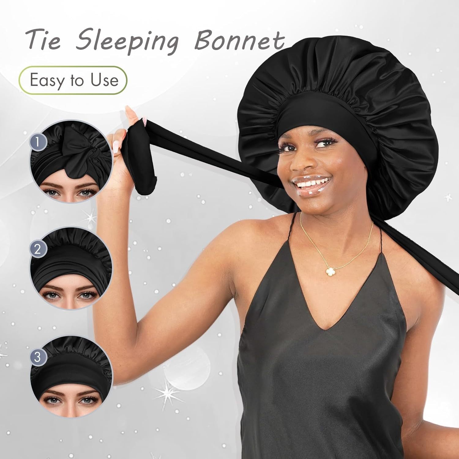 [vendor] Satin Sleep Bonnet With Bow Knot, Elastic Wide Band