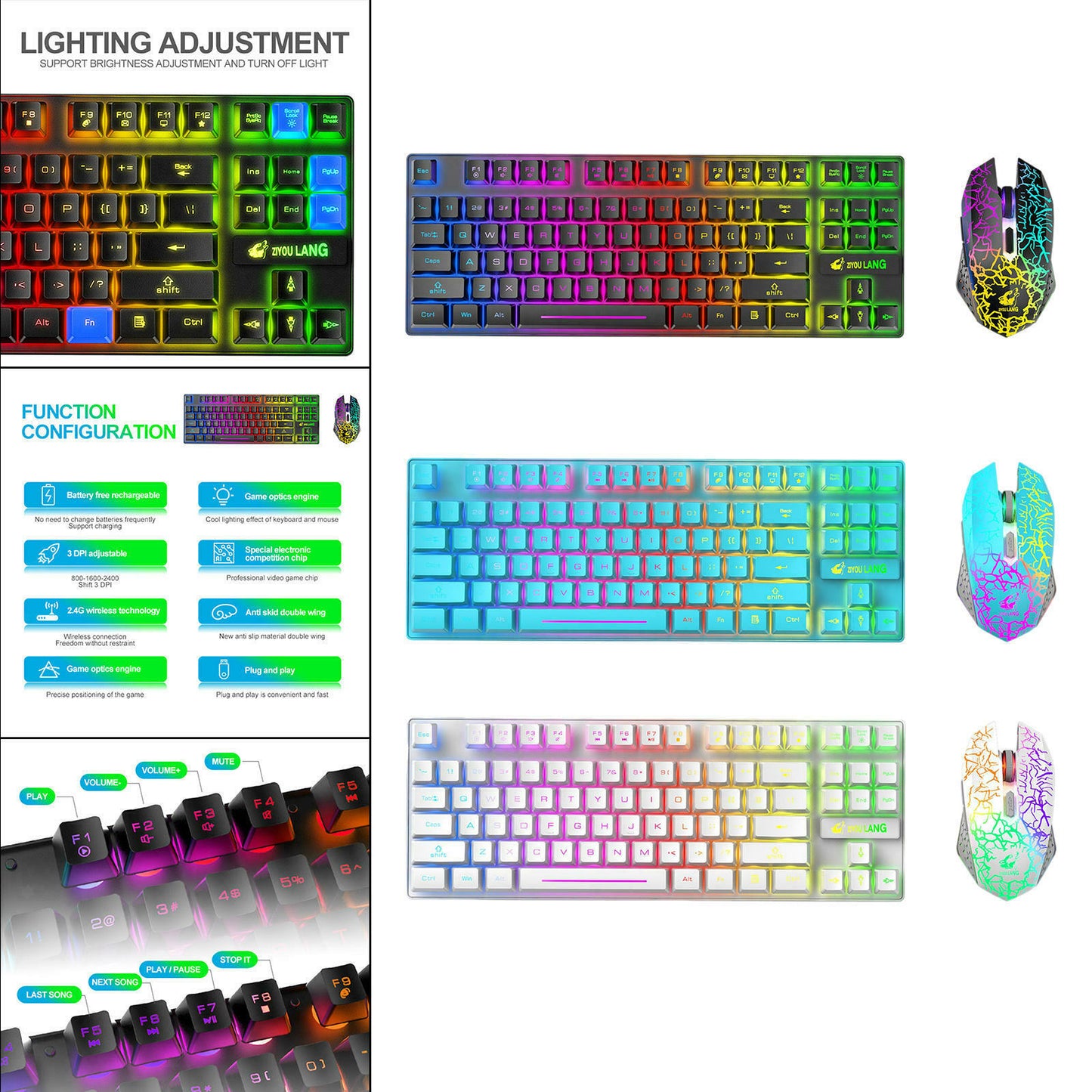 [vendor] T87 Wireless Gaming Keyboard And Mouse Rainbow Backlit