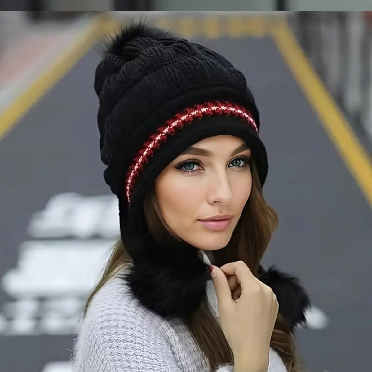 [vendor] Cozy Knit Fleece-Feel Beanie With Ear Flaps & Pompom