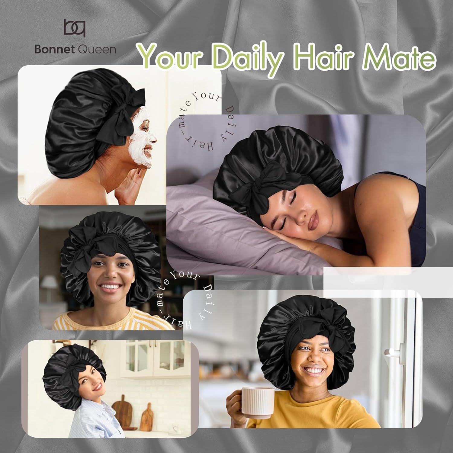 [vendor] Satin Sleep Bonnet With Bow Knot, Elastic Wide Band