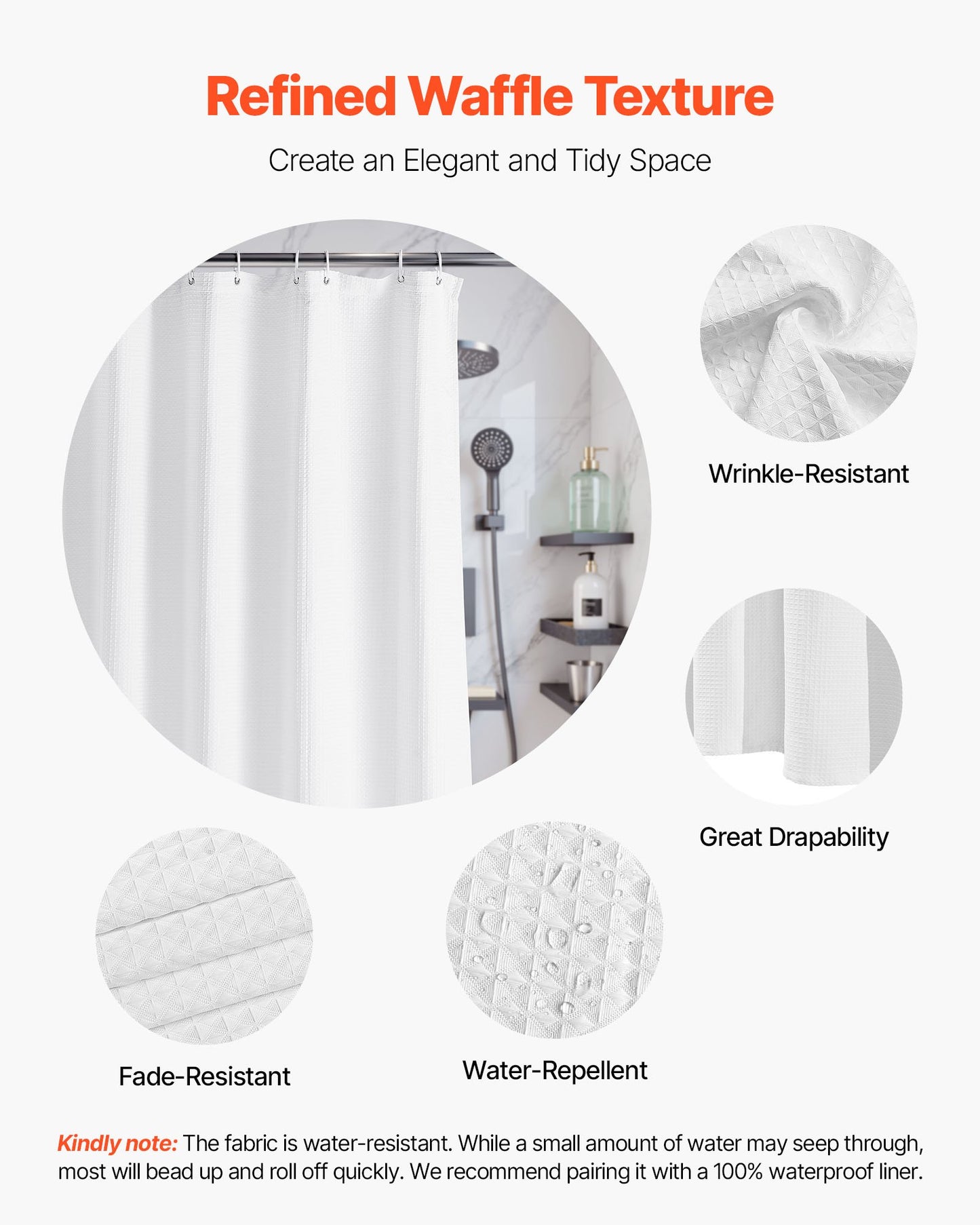 [vendor] White Fabric Shower Curtain, 240 GSM Weighted Waffle