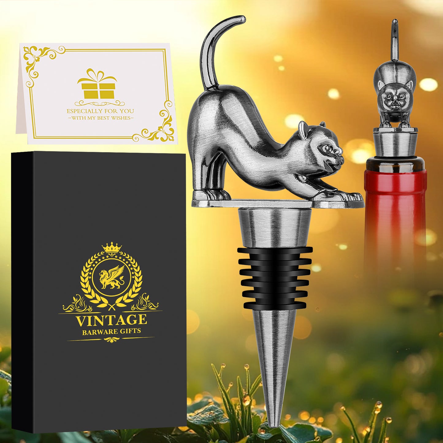 [vendor] Elegant Upturned Cat Shaped Red Wine Stopper Set With