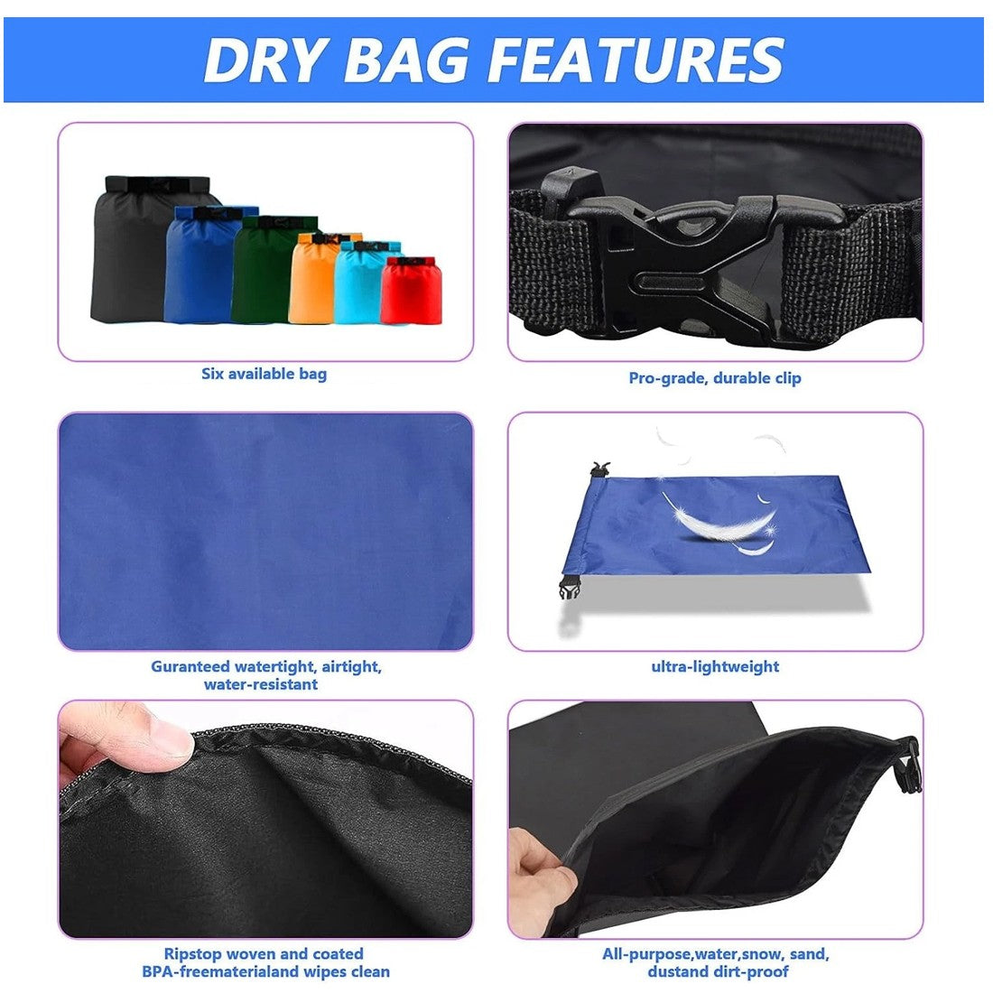 [vendor] 6Piece Waterproof Dry Bag Set Lightweight Rolltop Sacks