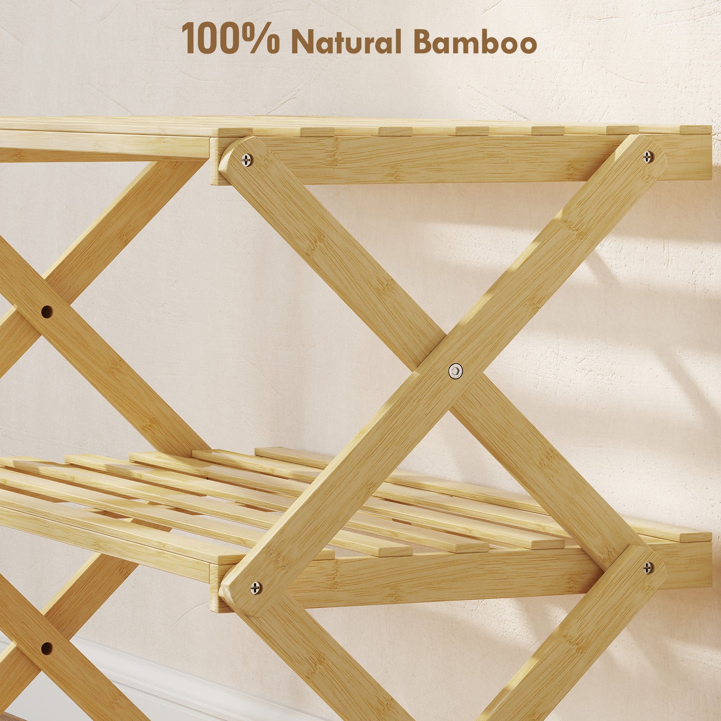 [vendor] Three-Tier Folding Bamboo Shoe Rack - Natural Finish
