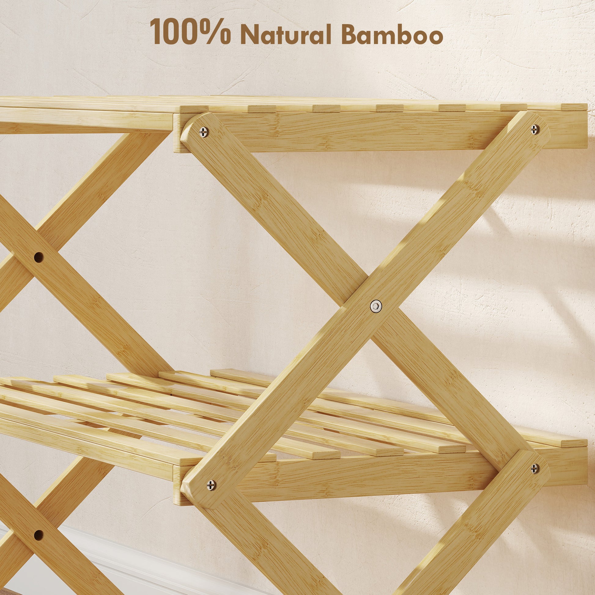 [vendor] Three-Tier Folding Bamboo Shoe Rack - Natural Finish