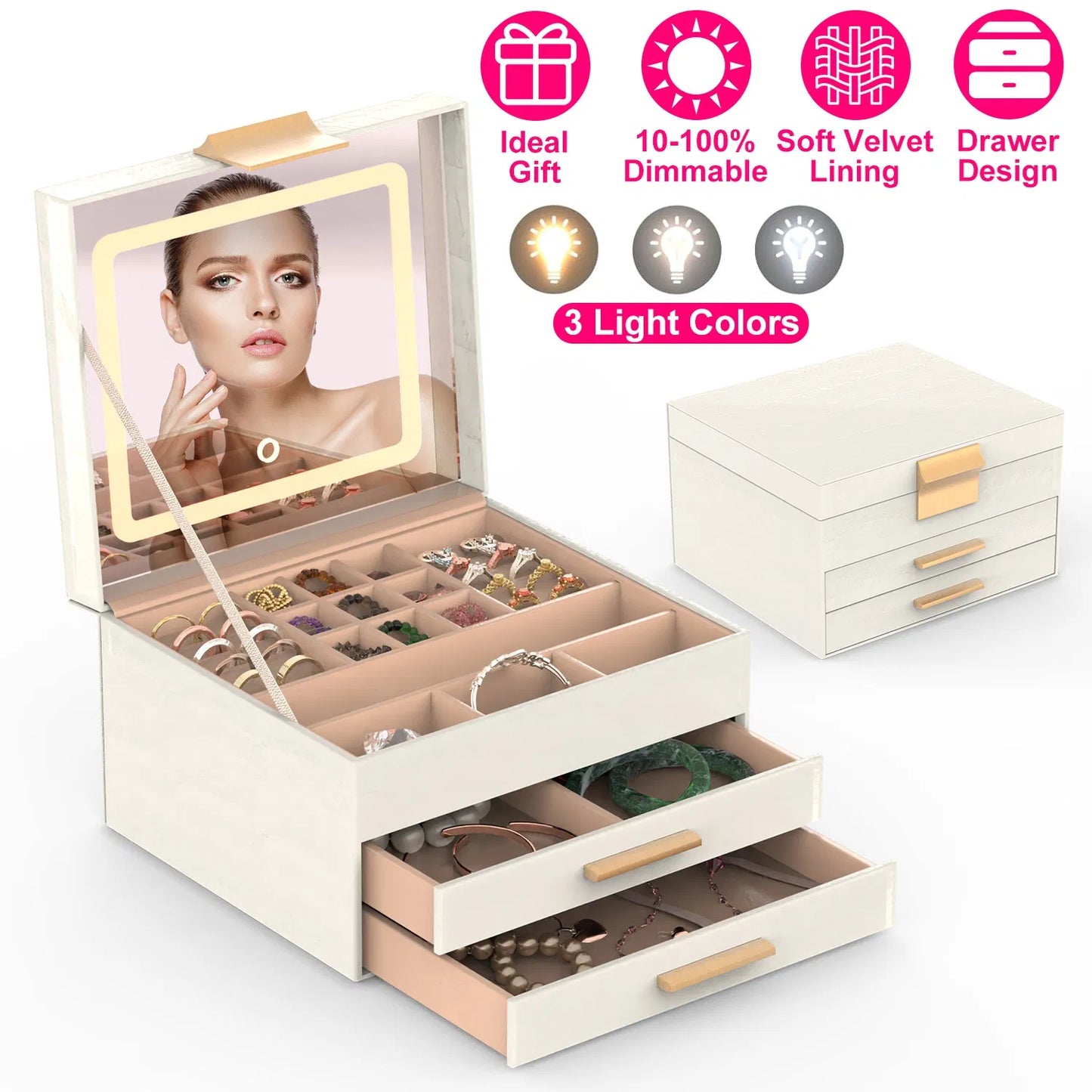 [vendor] Jewelry Box With LED Mirror 3-Layer Jewelry Organizer