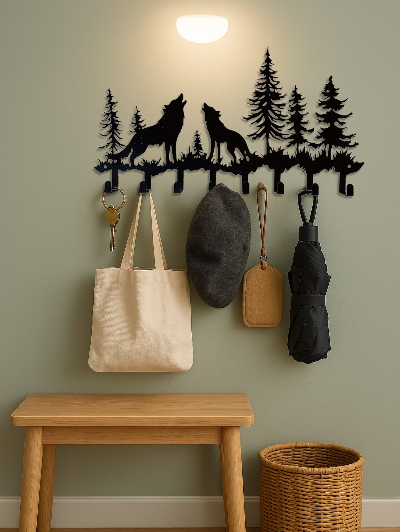 [vendor] Wolf Key Holder Wall Mount,8 Hook Coat Rack ,Scarves - Rustic