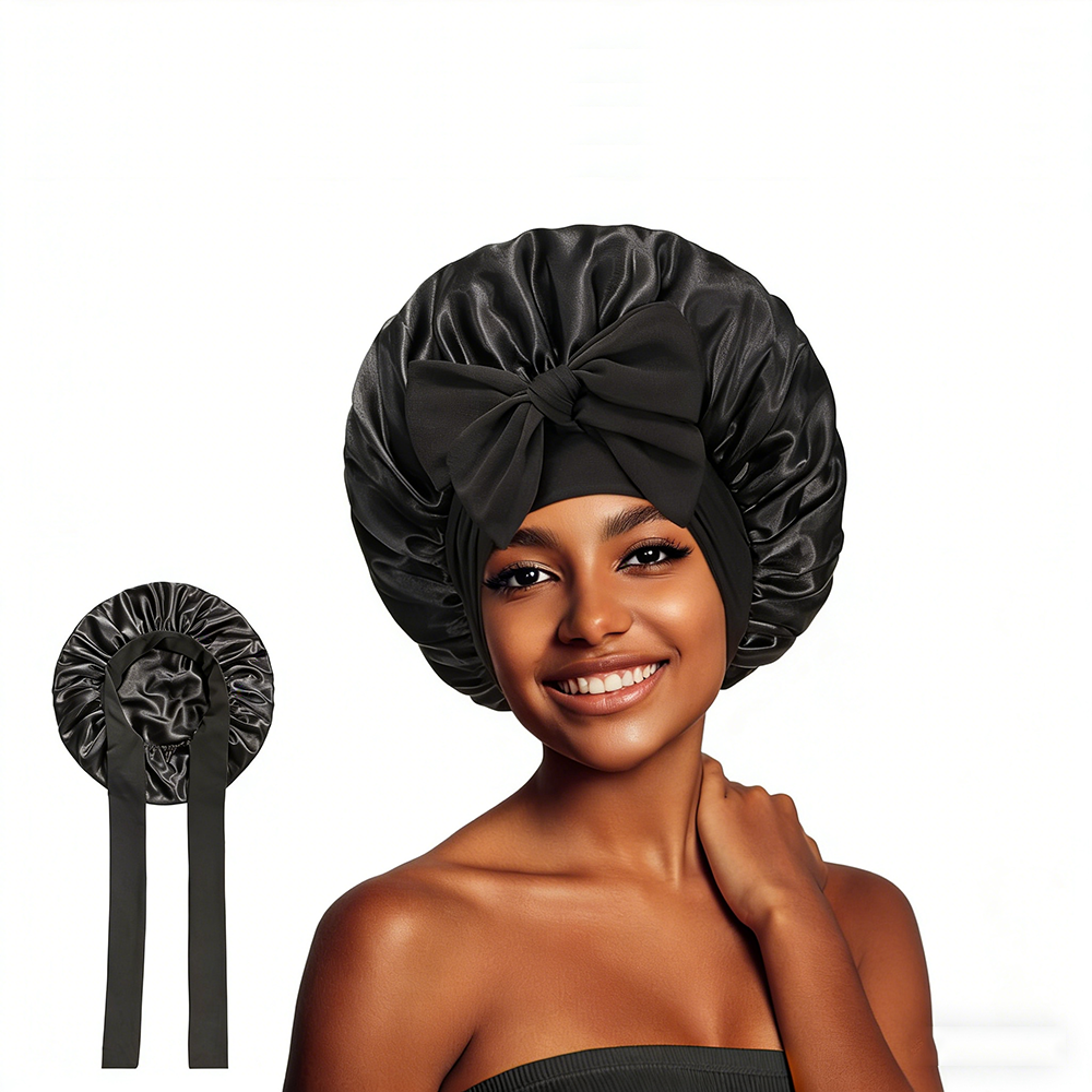 [vendor] Satin Sleep Bonnet With Bow Knot, Elastic Wide Band