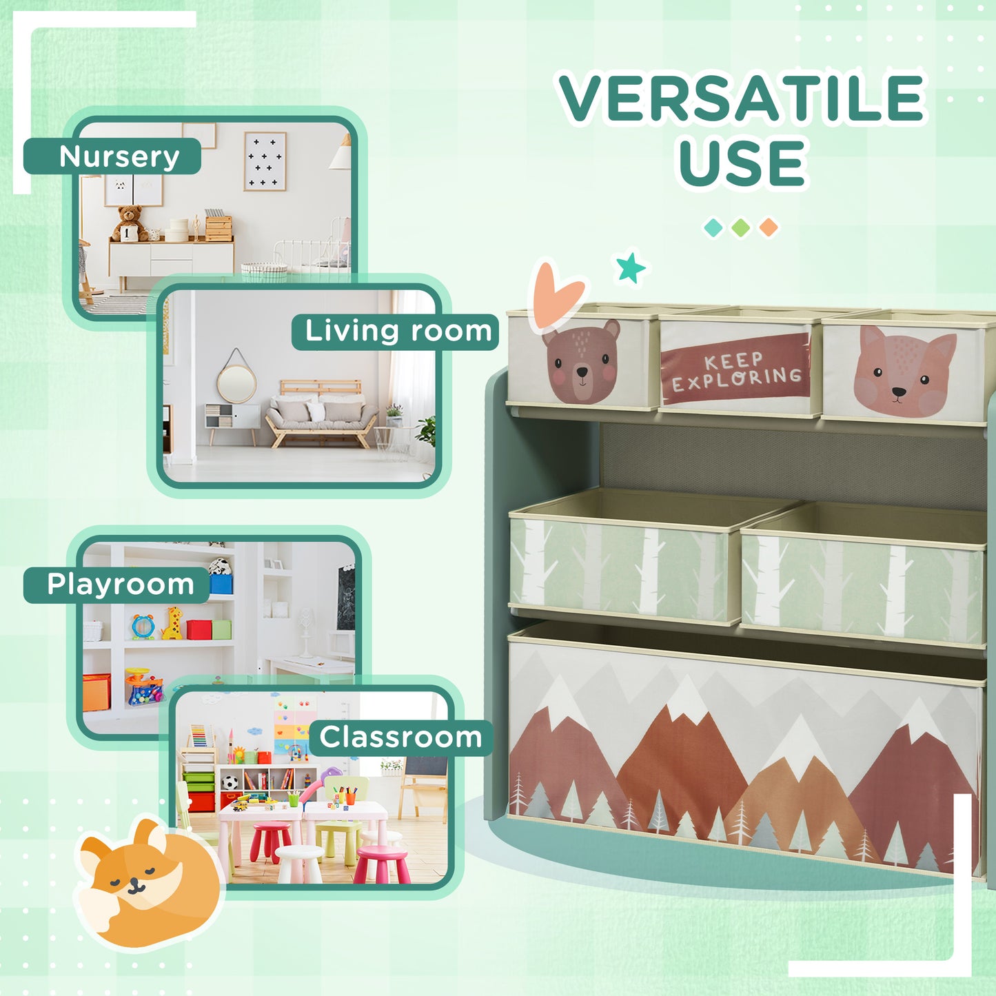 [vendor] Toy Organizer with 6 Storage Bins, 25" x 12" x 26", Green