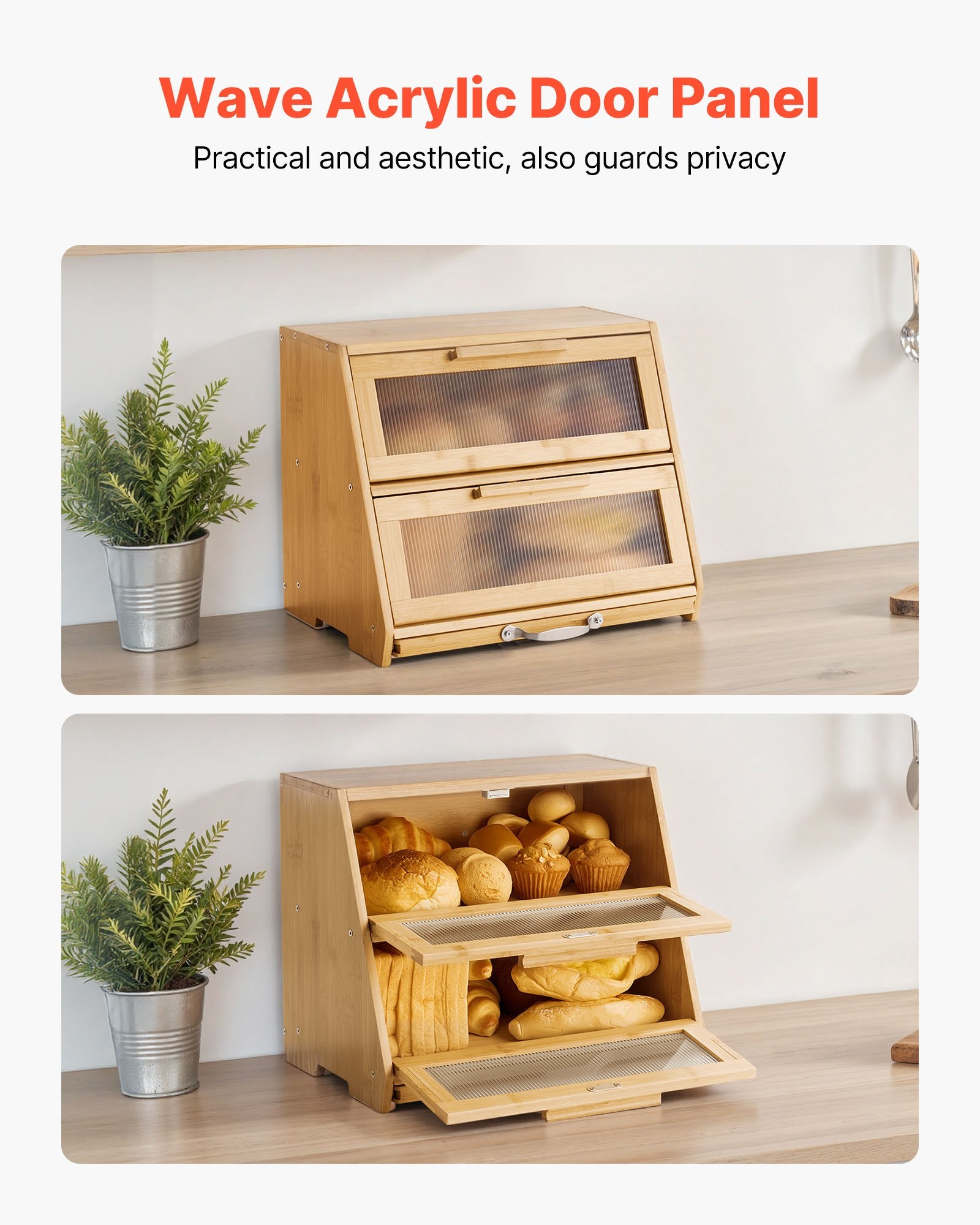 [vendor] Double Layer Bread Box For Kitchen Counter Bamboo