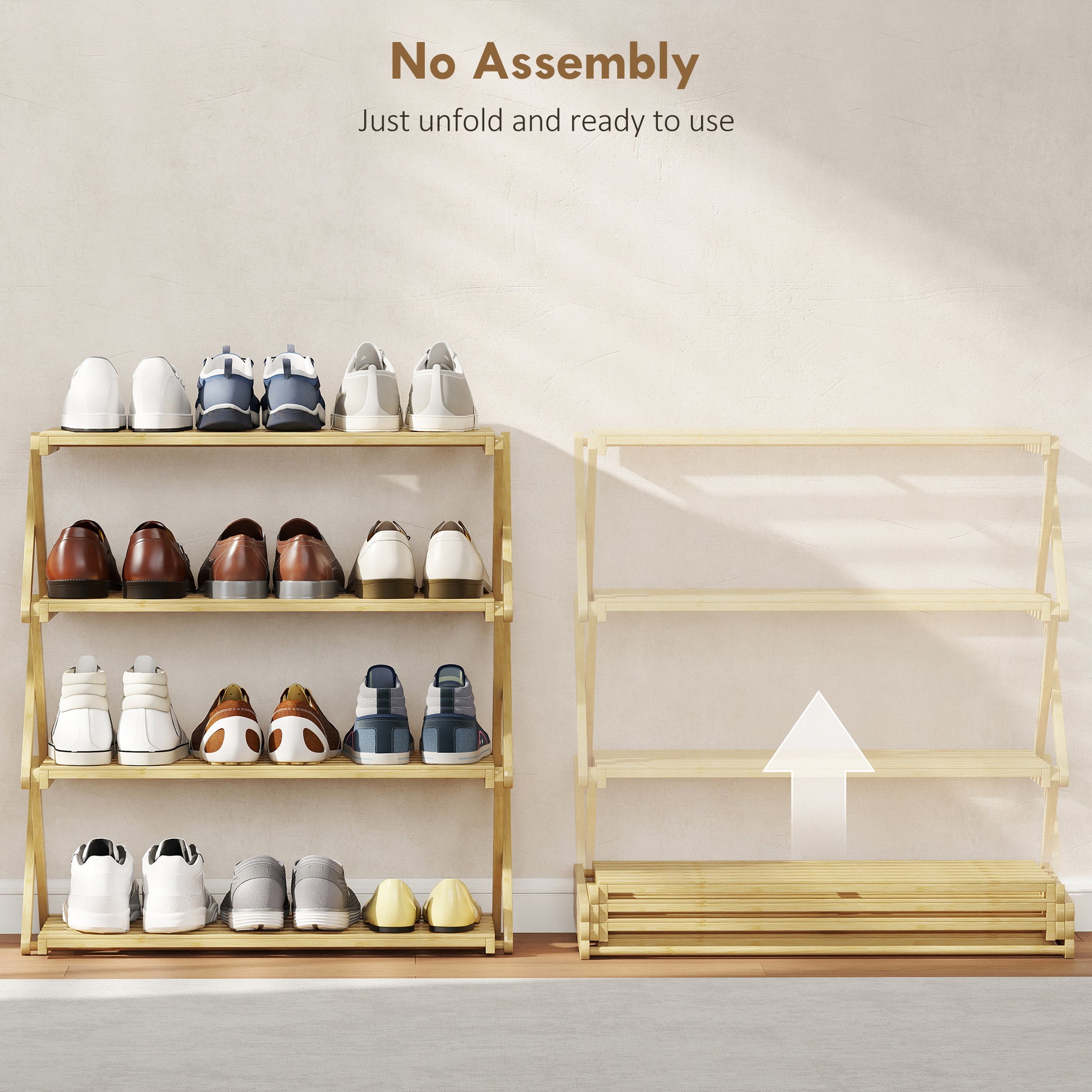 [vendor] Four-Tier Folding Bamboo Shoe Rack - Natural Finish